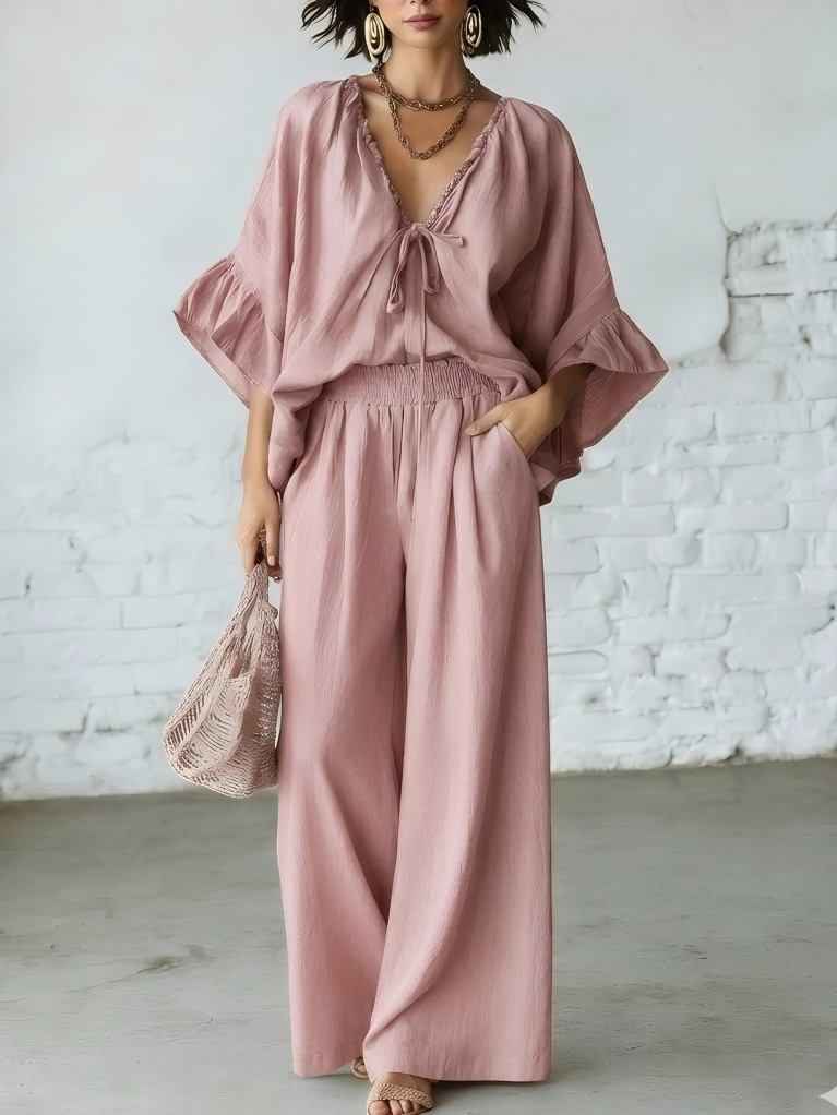 Loose-fit Cotton-linen V-neck Wide-leg Pants Two-piece Set