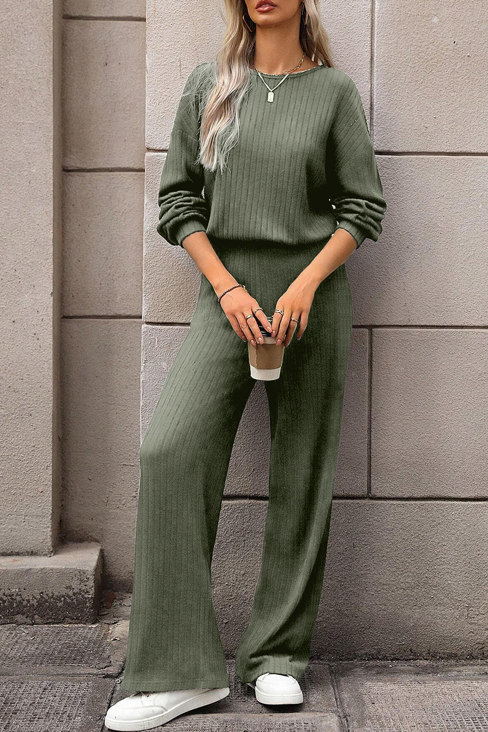 Laurel Green Solid Ribbed Knit Keyhole Back High Waist Jumpsuit Dear-Lover Dropshipping