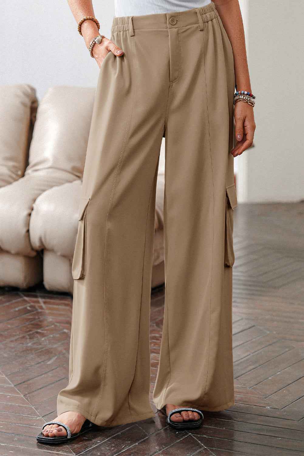 Camel Solid Color Elastic High Waist Loose Cargo Pants