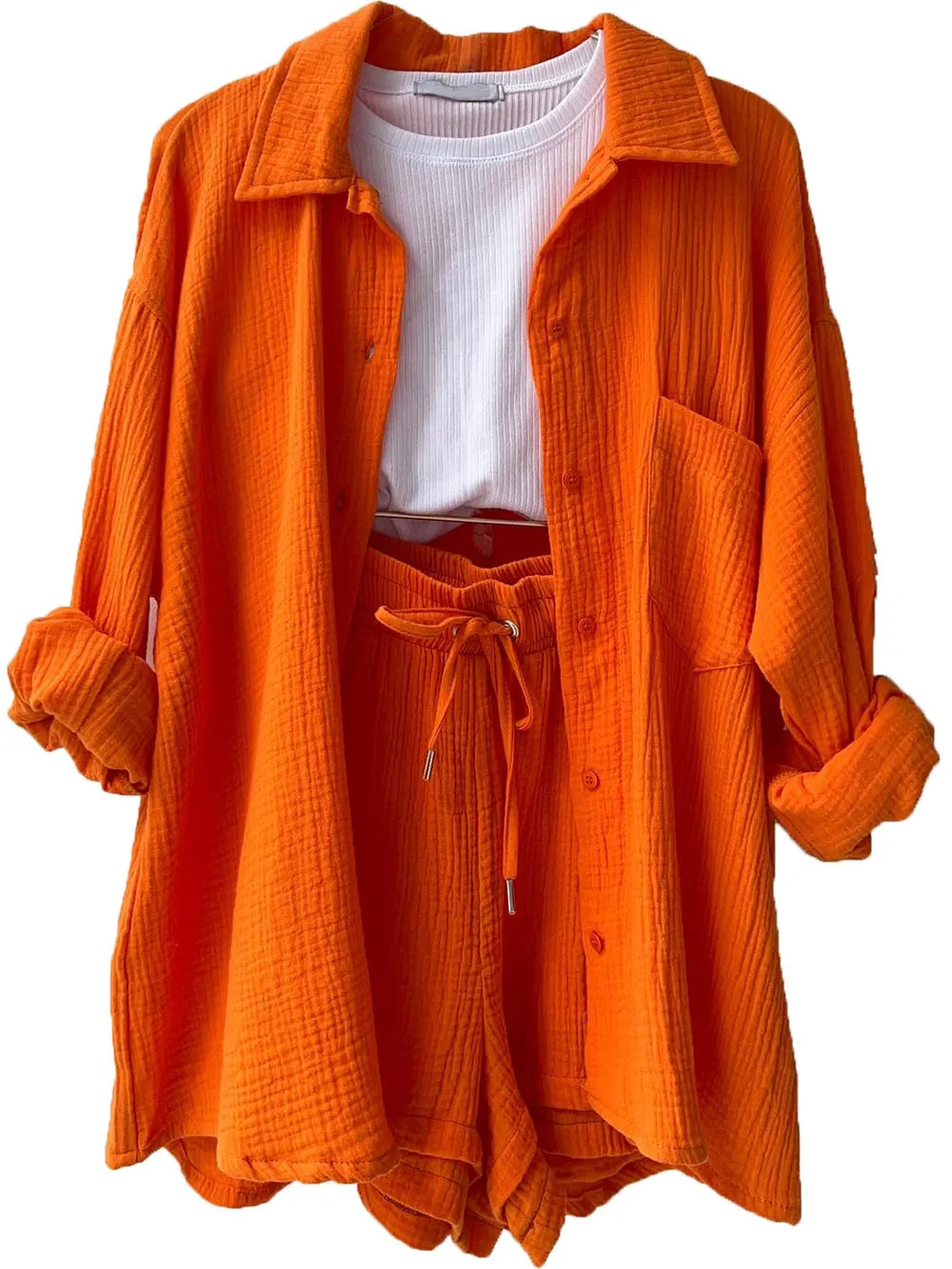 Texture Button Up Shirt and Drawstring Shorts Set - CHIC TB
