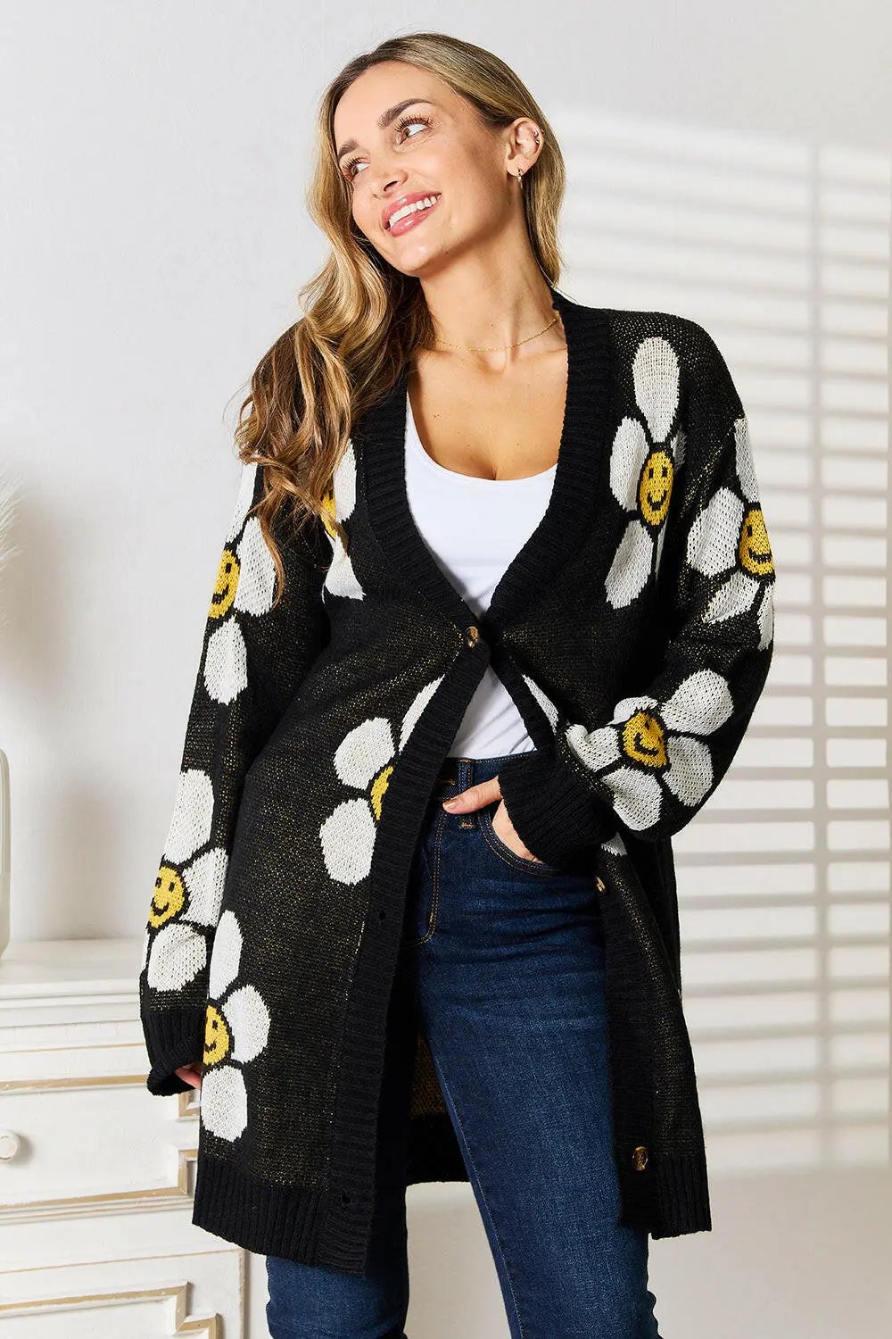 Perfee Floral Button Down Longline Cardigan.