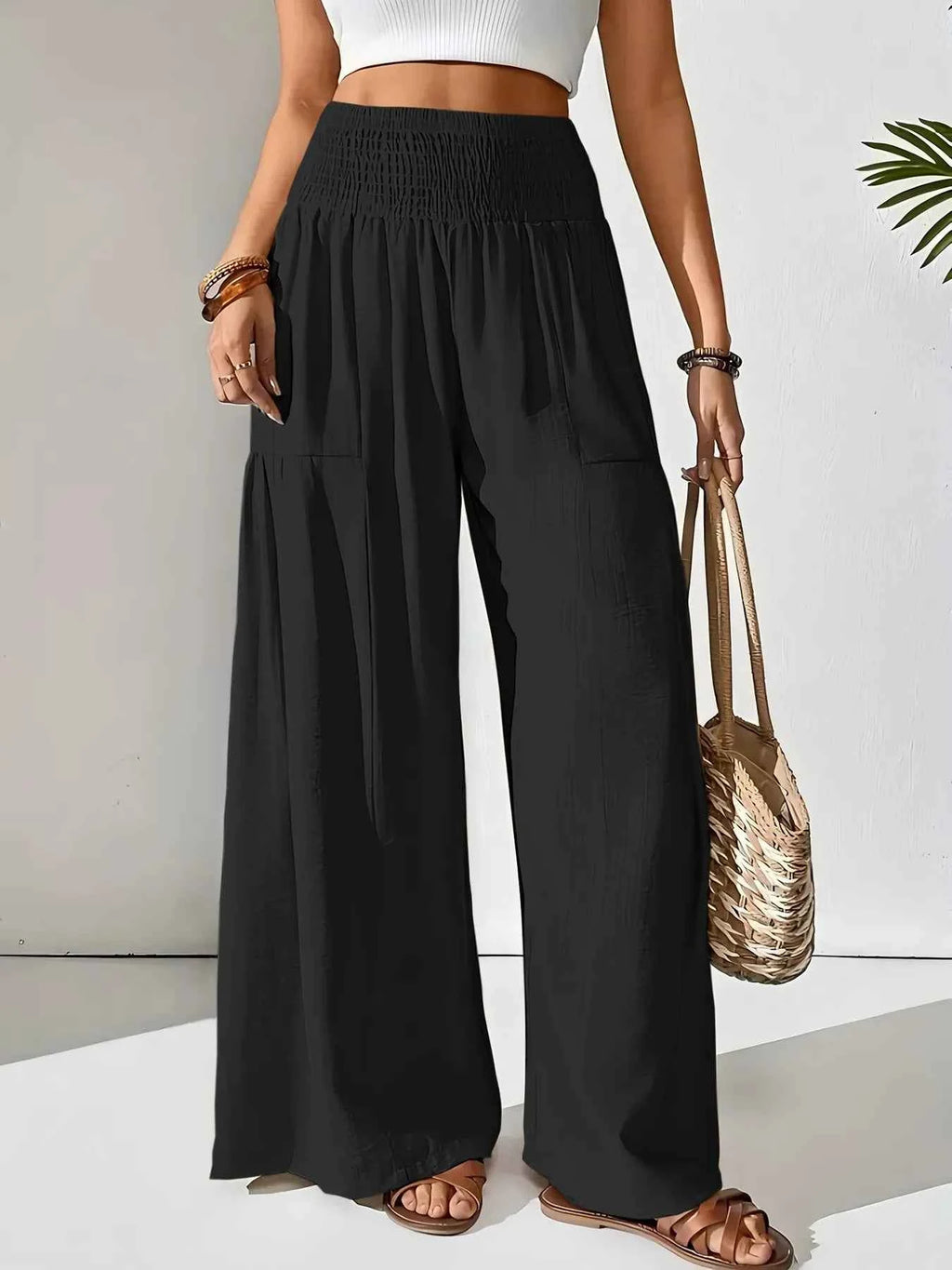 Smocked Waist Wide Leg Pants.