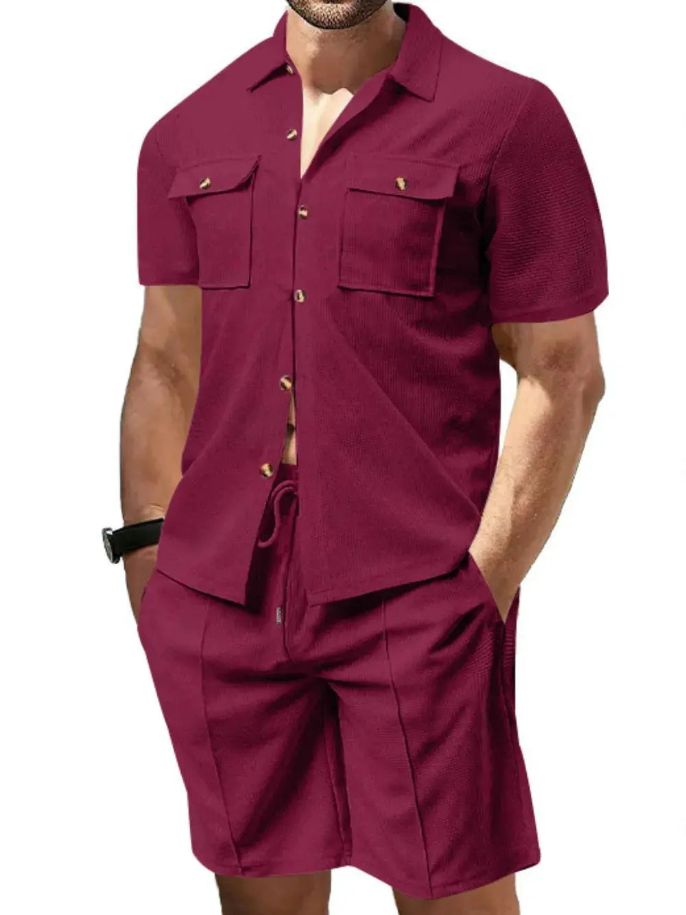 Men's Full Size Button Down Short Sleeve Top and Shorts Set Plus Size.