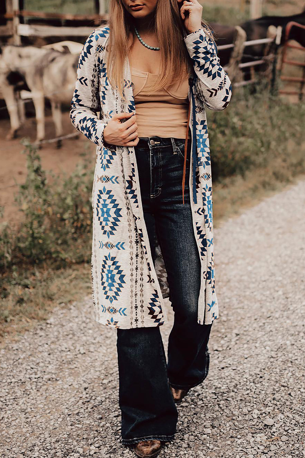 Sky Blue Western Aztec Printed Open Front Long Cardigan Dear-Lover Dropshipping