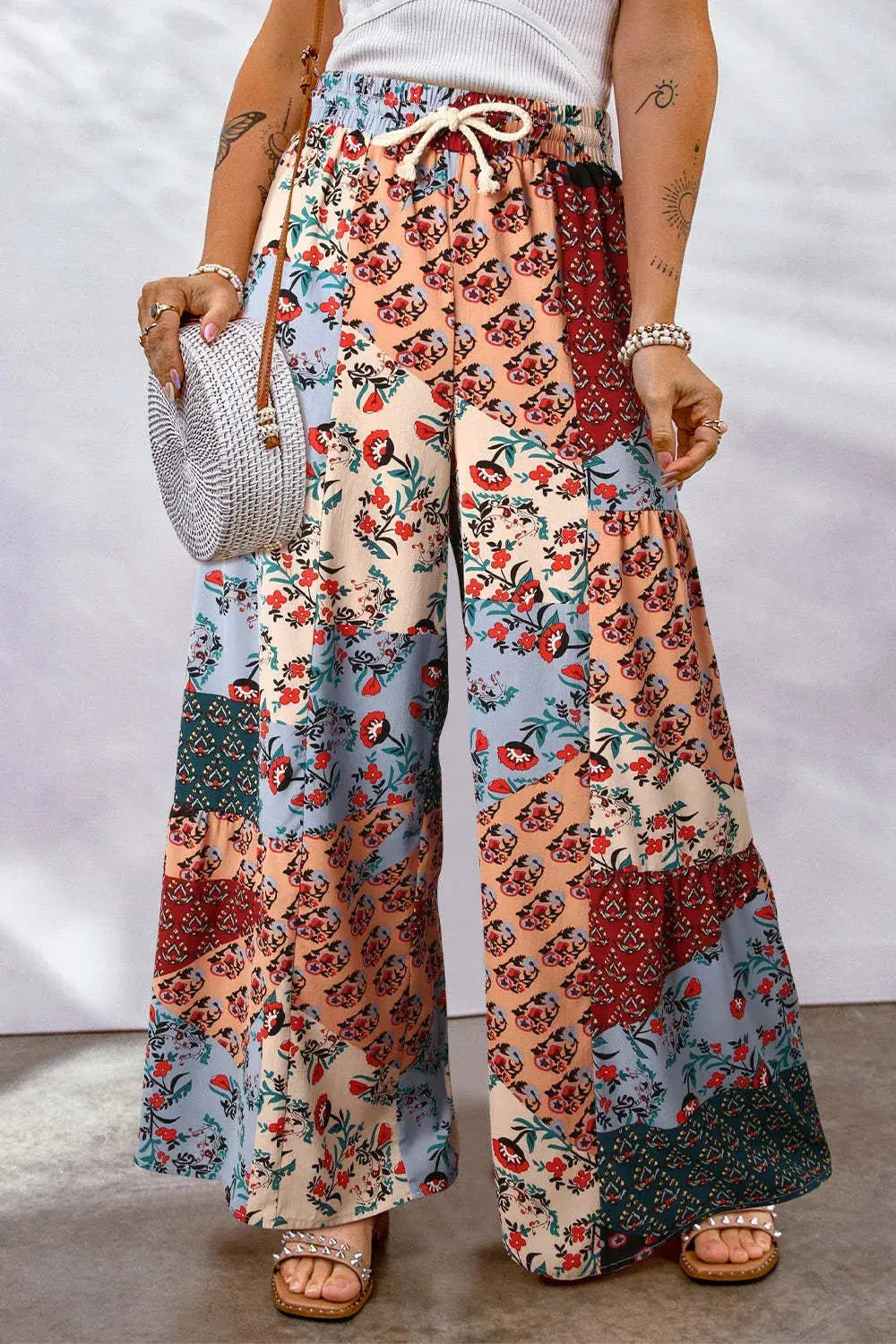 Full Size Drawstring Printed Wide Leg Pants.