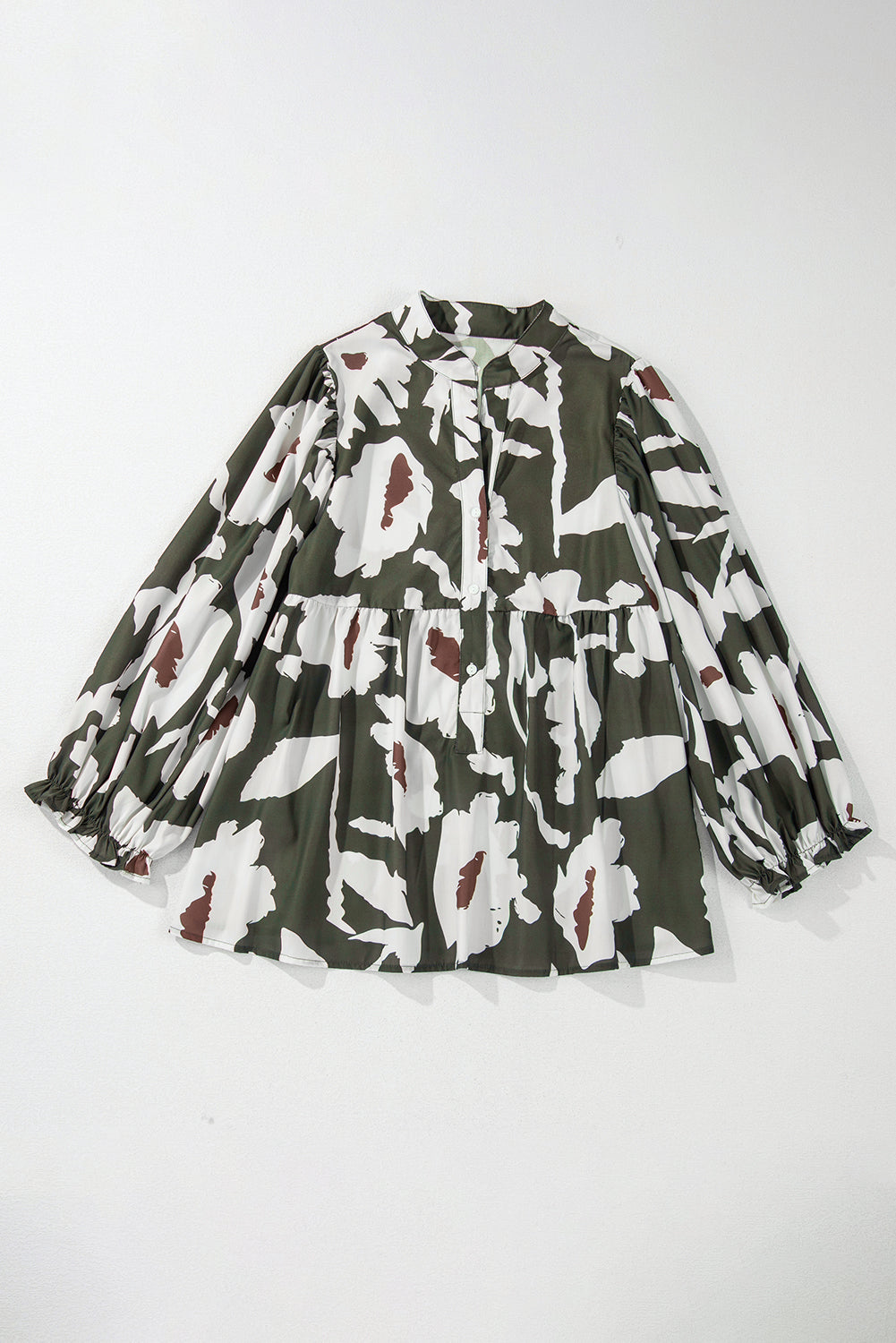 Four Leaf Clover Abstract Floral Print Puff Sleeve Half Button Blouse Dear-Lover Dropshipping