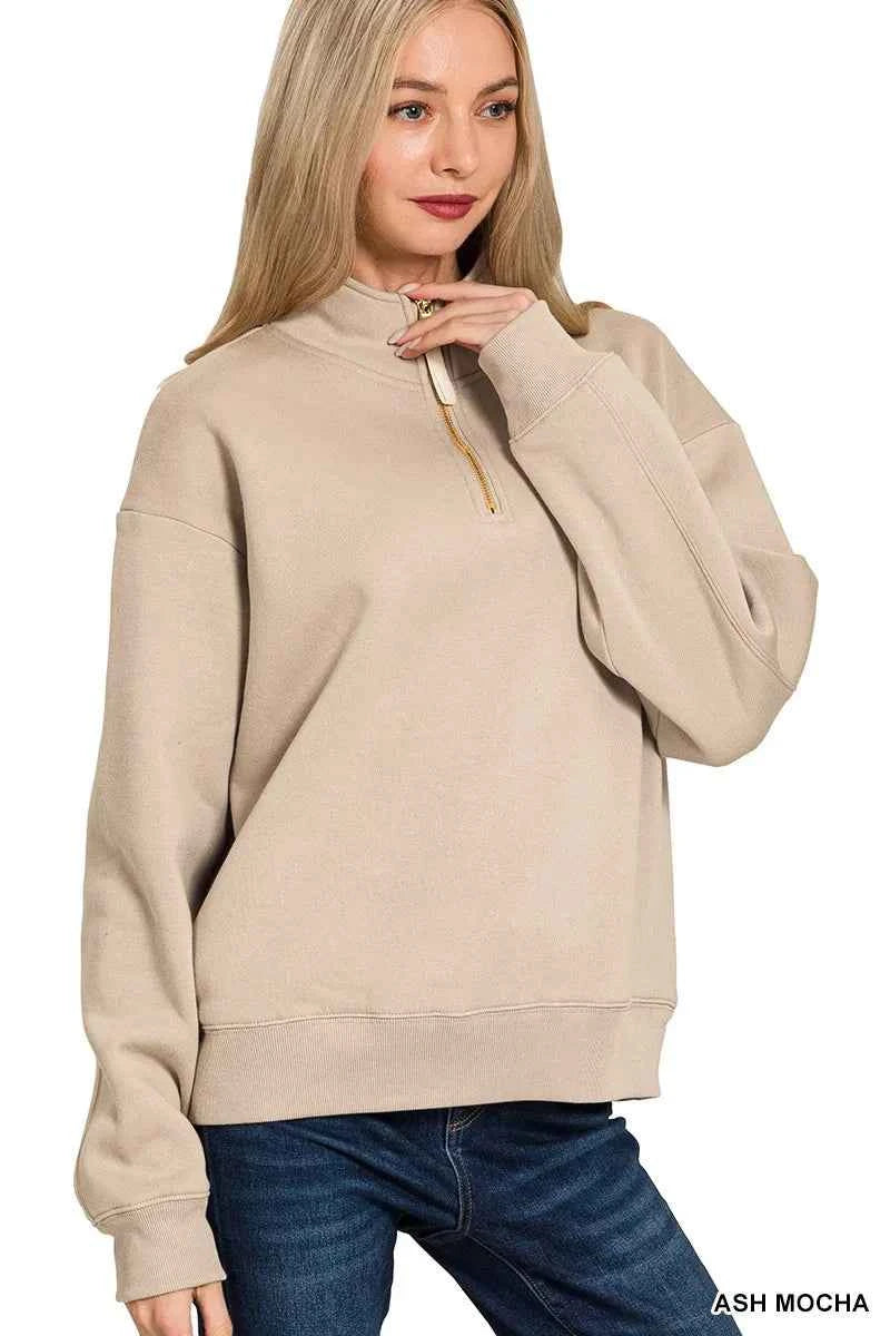 Zenana Fleece Half Zip Sweatshirt