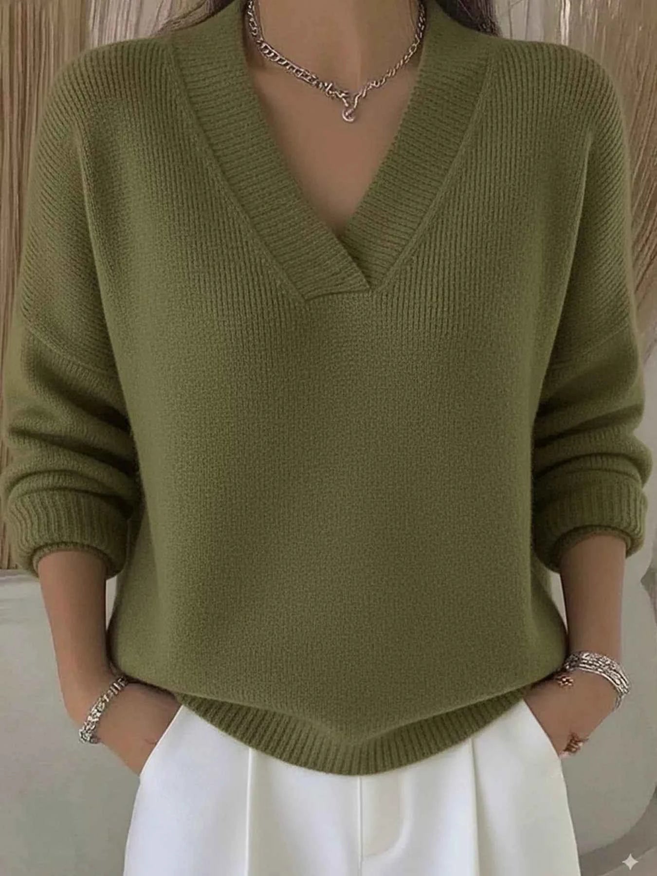 Full Size V-Neck Long Sleeve Sweater Plus Size