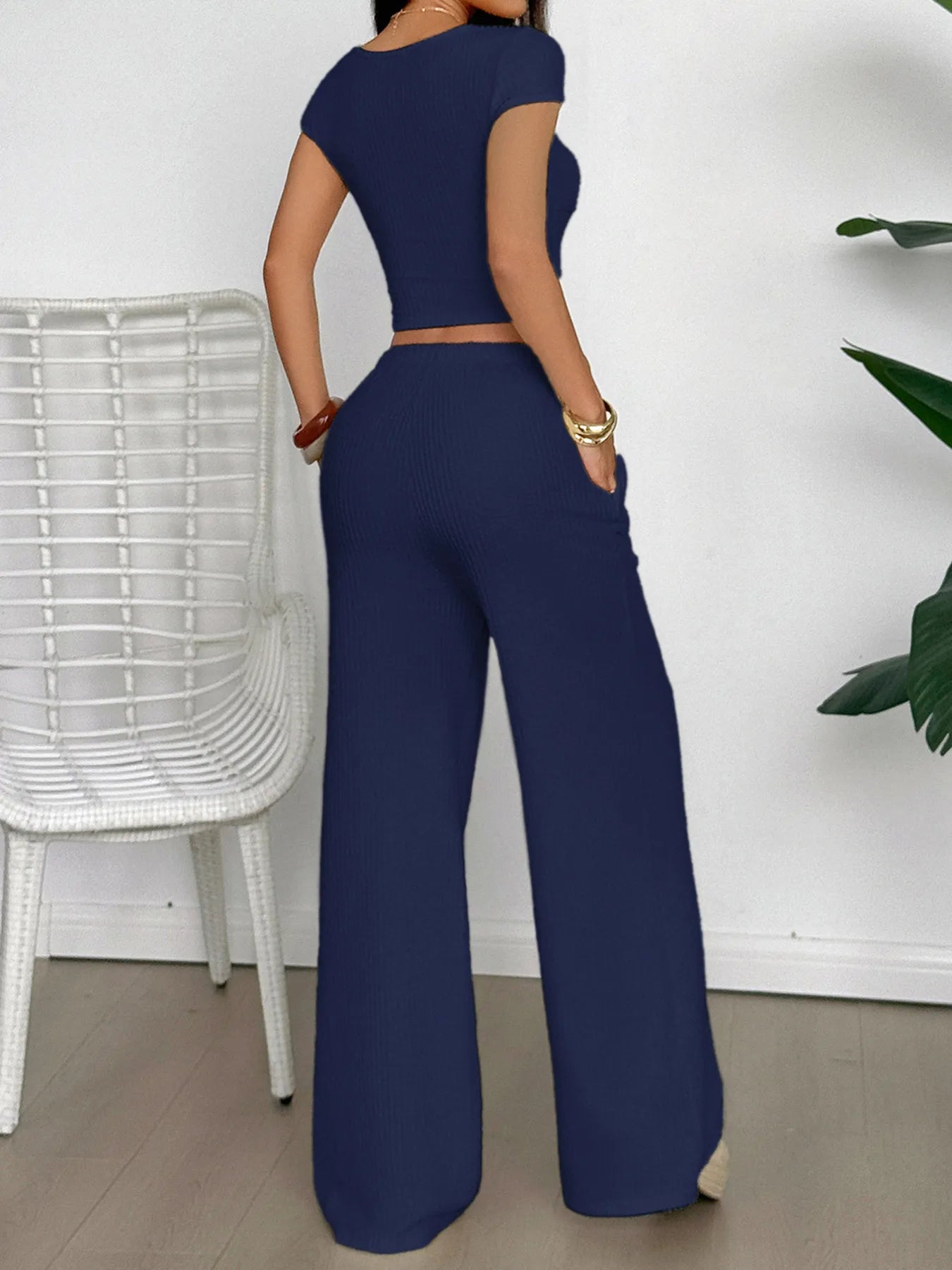 Cutout Short Sleeve Top and Pants Set.