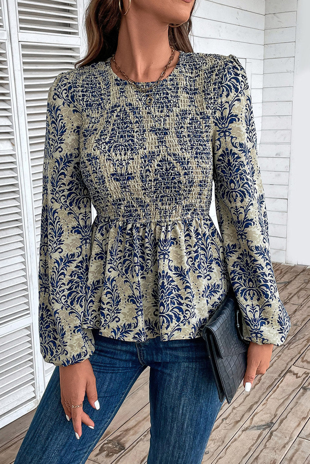 Sky Blue Boho Printed Balloon Sleeve Smocked Peplum Blouse Dear-Lover Dropshipping