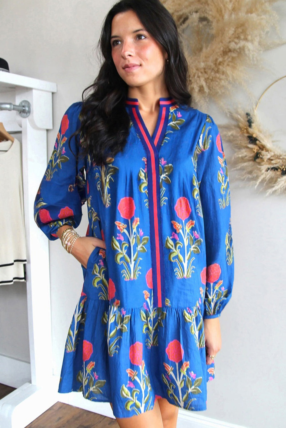 Sky Blue Floral Print Contrast Striped Trim Notched Neck Long Sleeve Dress Dear-Lover Dropshipping