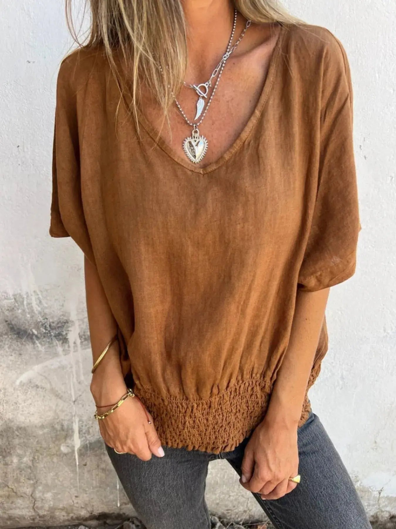 Full Size Smocked Hem V-Neck Relaxed Fit T-Shirt Plus Size.