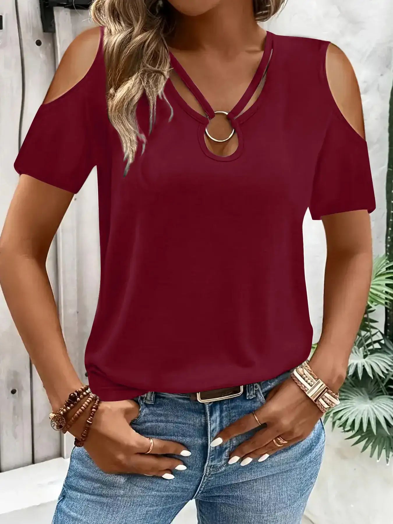 Cold Shoulder T-Shirt with Metal Ring Detail.