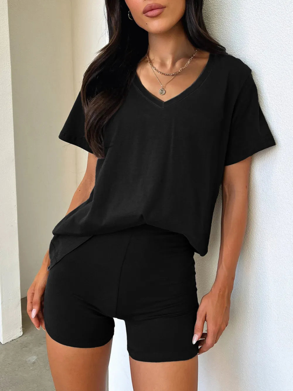 V-Neck T-Shirt and Shorts Set.