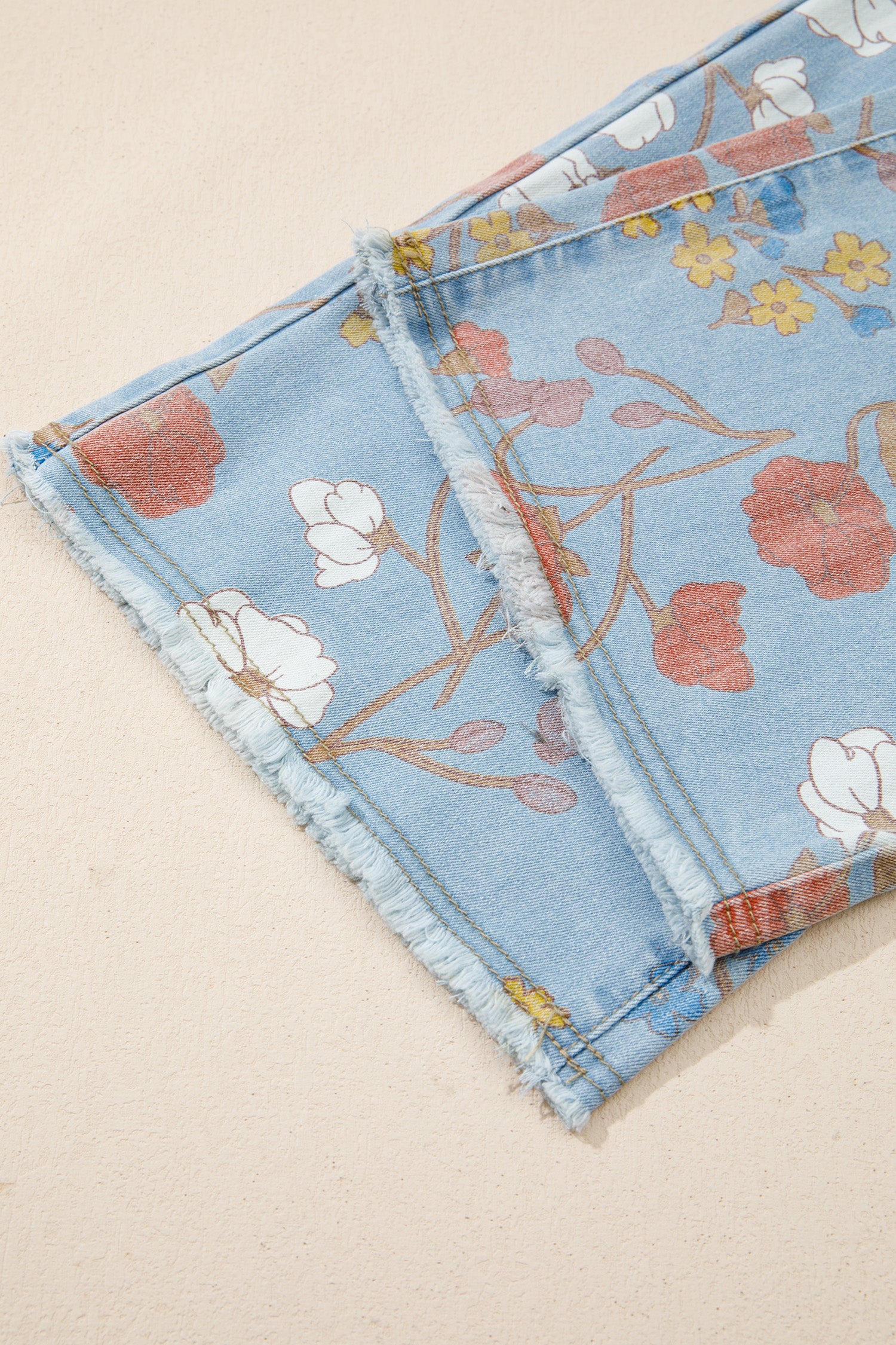 Sky Blue Floral Printed Raw Hem Shift Jeans