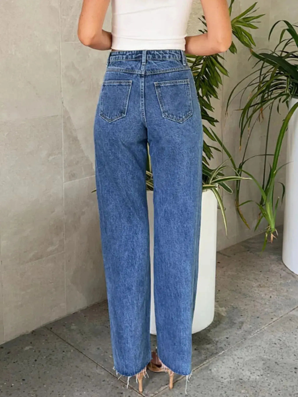 Pearl Embellished High Waist Straight Leg Jeans.