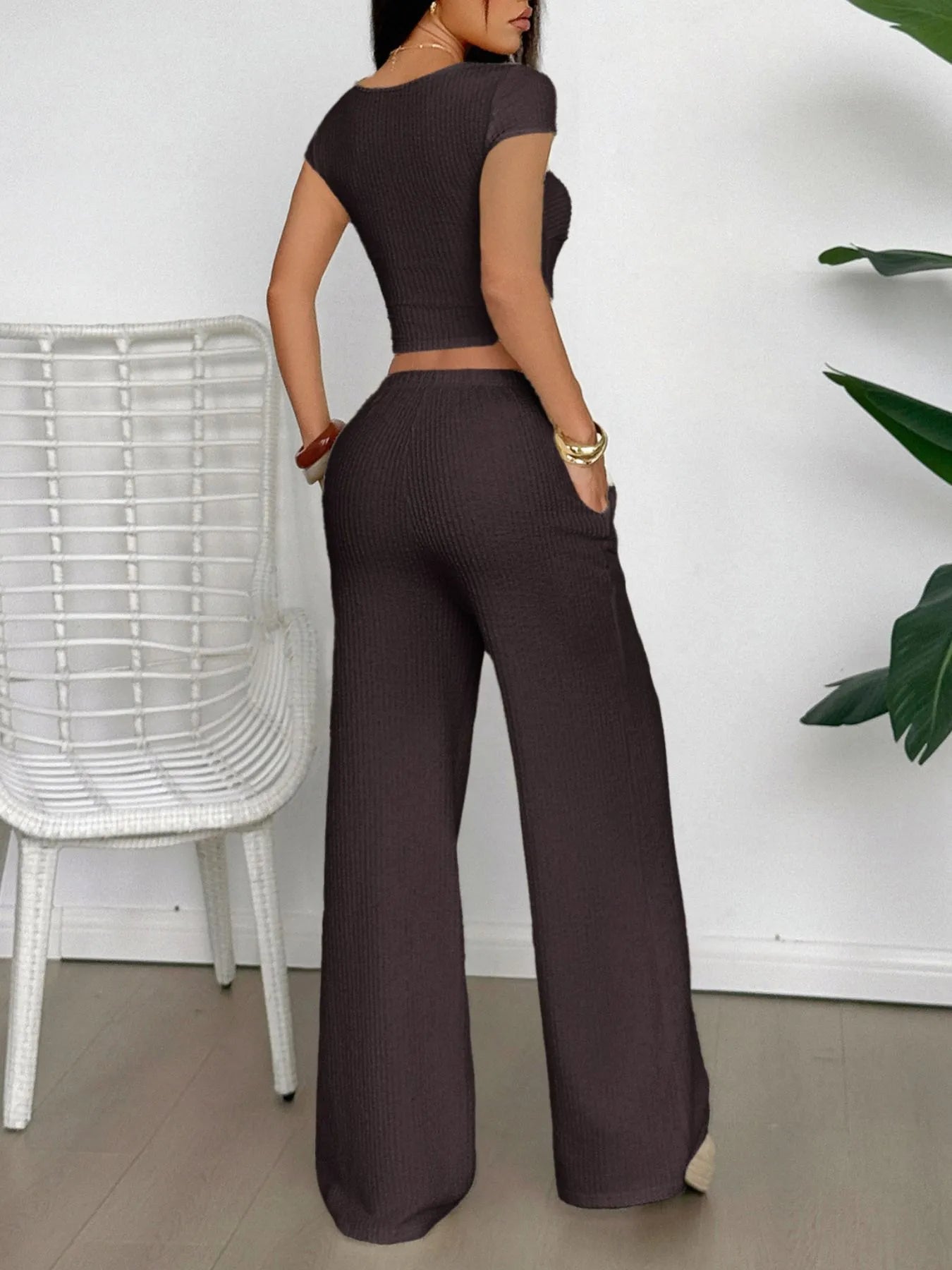 Cutout Short Sleeve Top and Pants Set.
