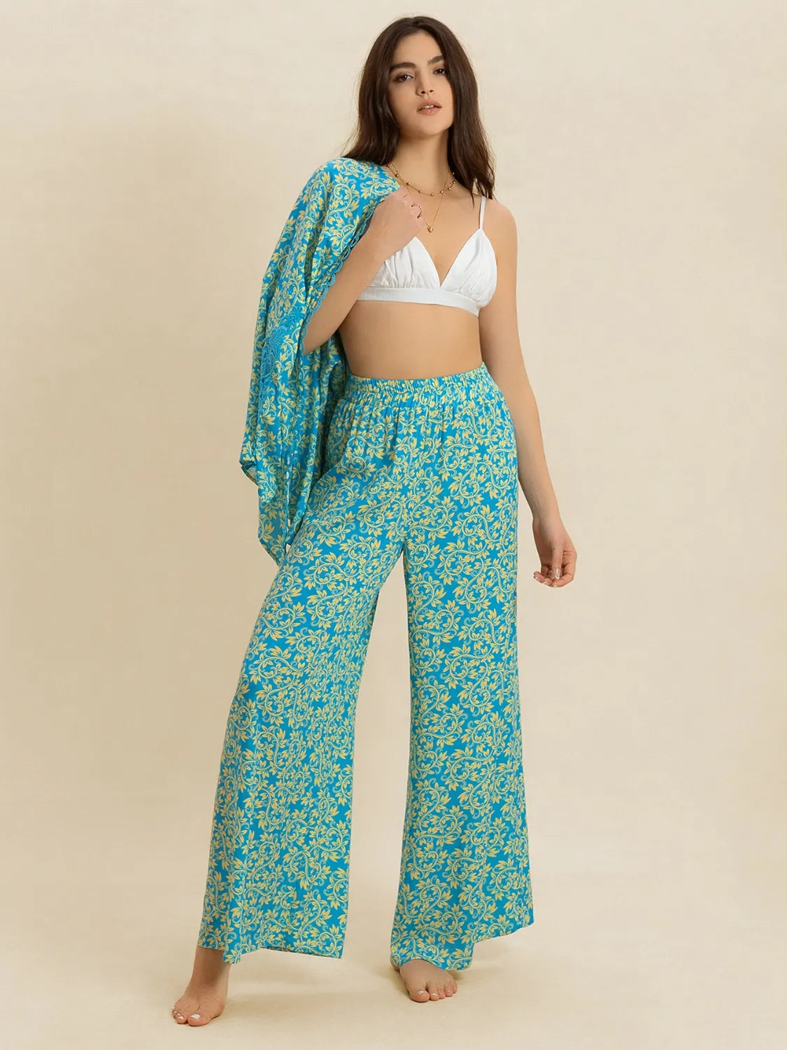 Open Front Printed Top and Pants Set - CHIC TB
