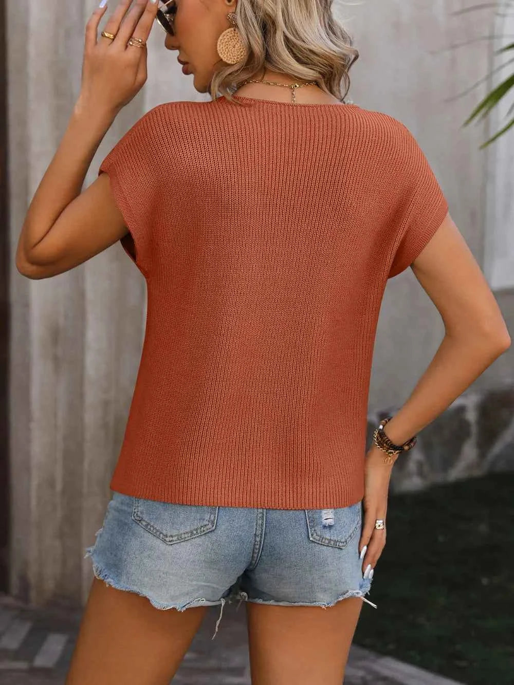 Mandy Pocketed Round Neck Cap Sleeve Sweater.