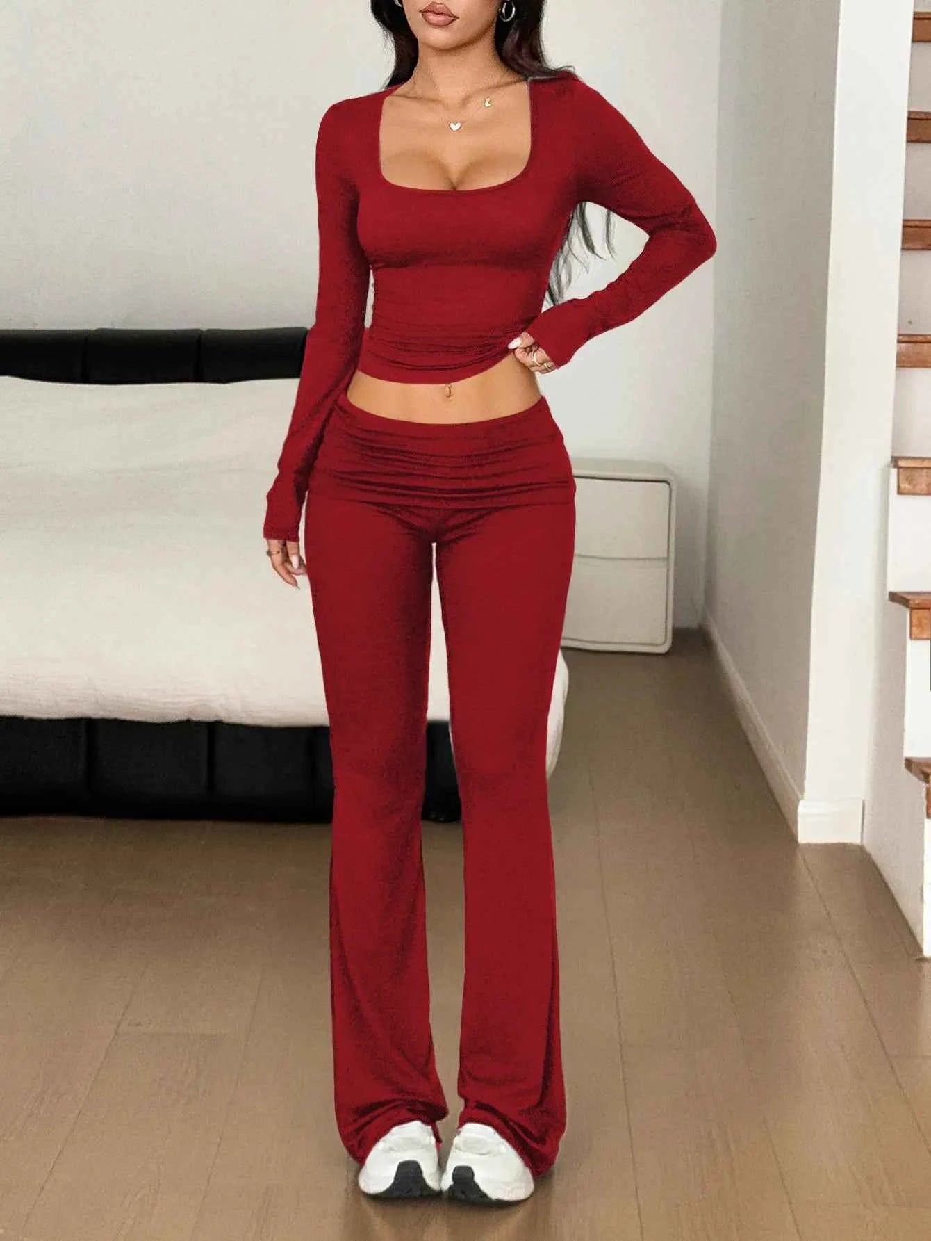Long Sleeve Crop Top and Bootcut Pants Set