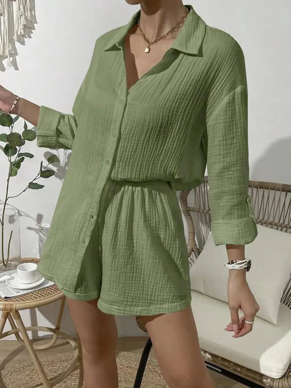 Dropped Shoulder Button Up Top and Elastic Waist Shorts Set - CHIC TB