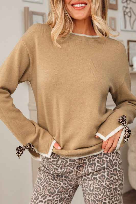 Leopard Bow Split Cuff Contrast Trim Sweater