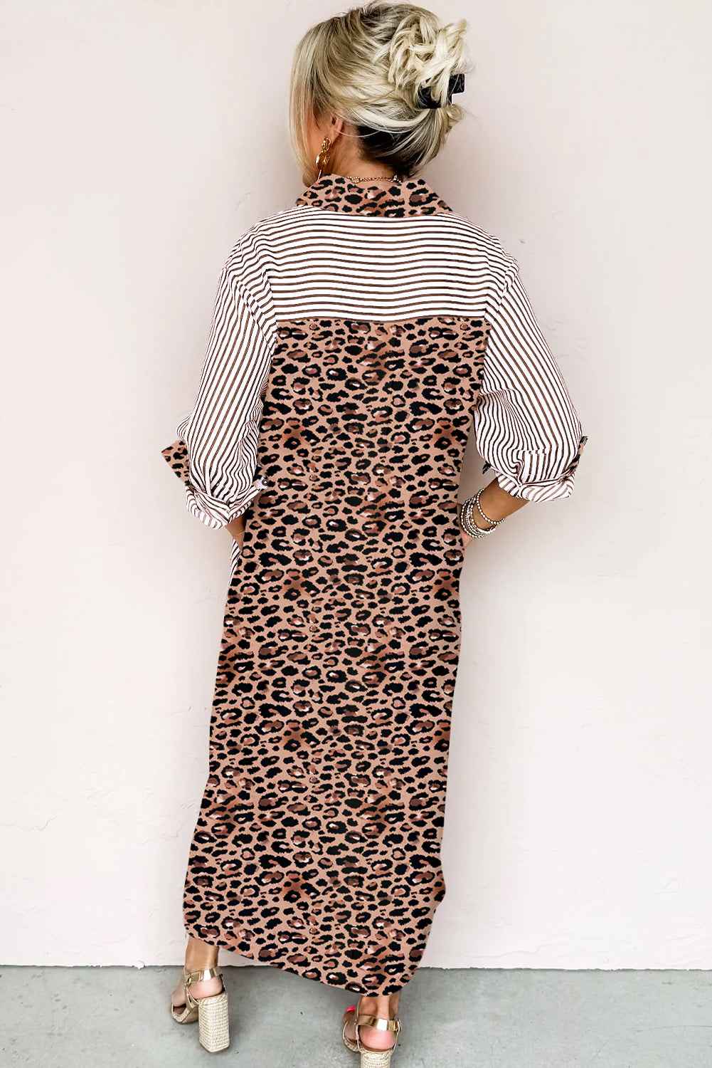Brown Stripe Contrast Leopard Patchwork Long Shirt Dress with Slits