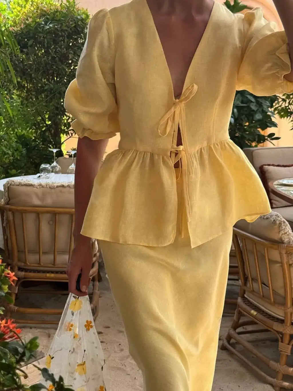 Tie Front Peplum Top and Skirt Set.