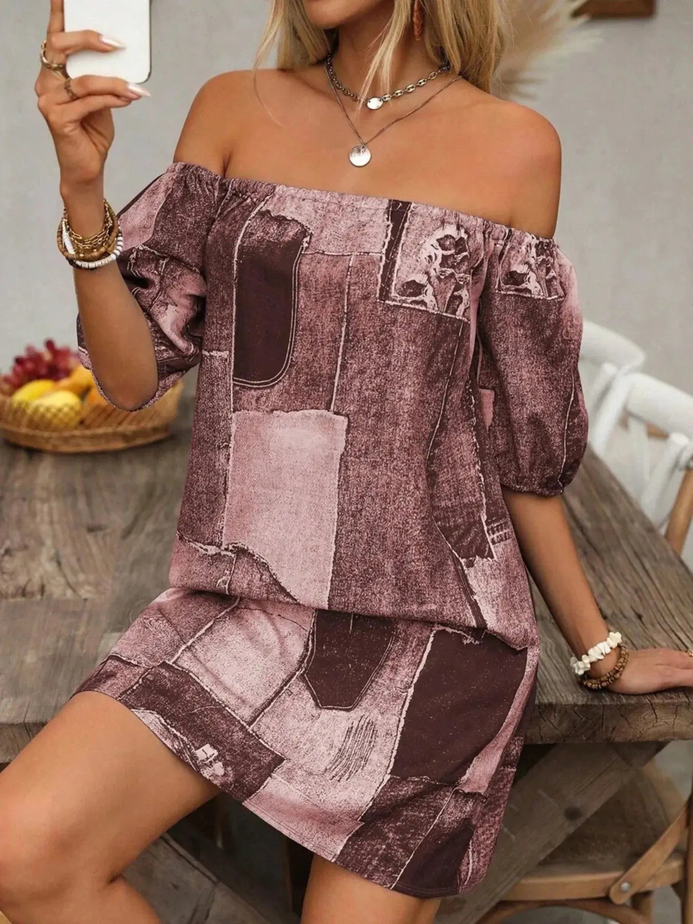 Patchwork Off Shoulder Denim Mini Dress.