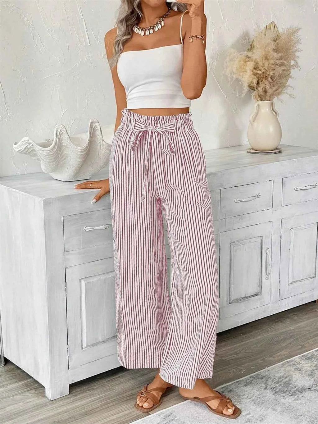 Full Size Striped Wide Leg Paper Bag Pants Plus Size