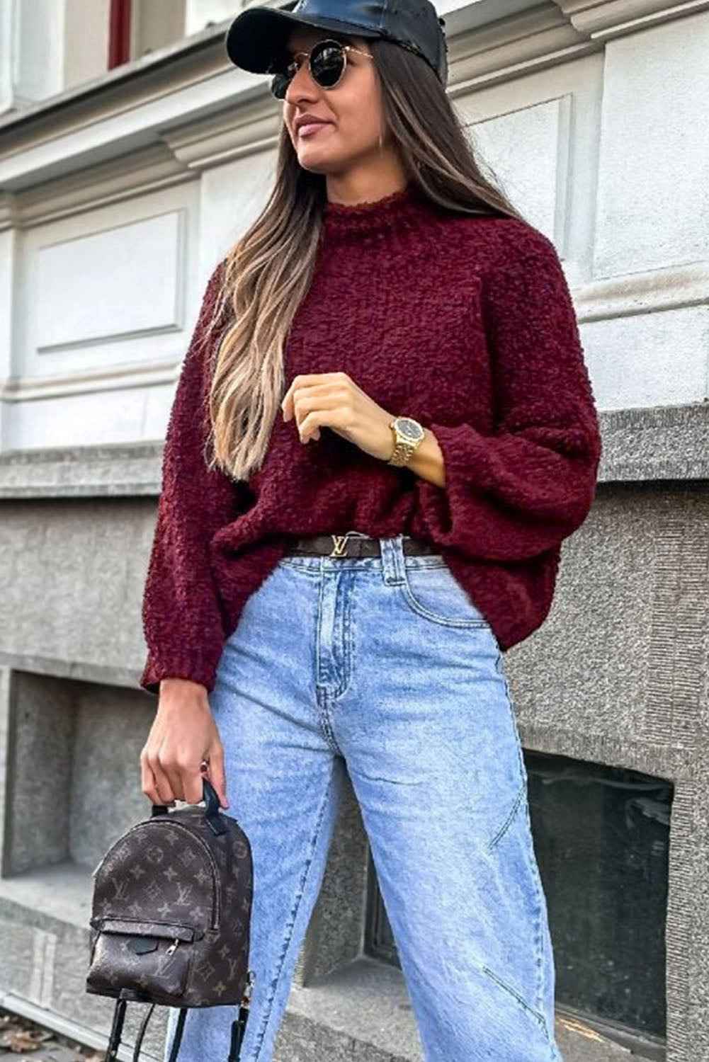 Burgundy Popcorn Mock Neck Solid Sweater