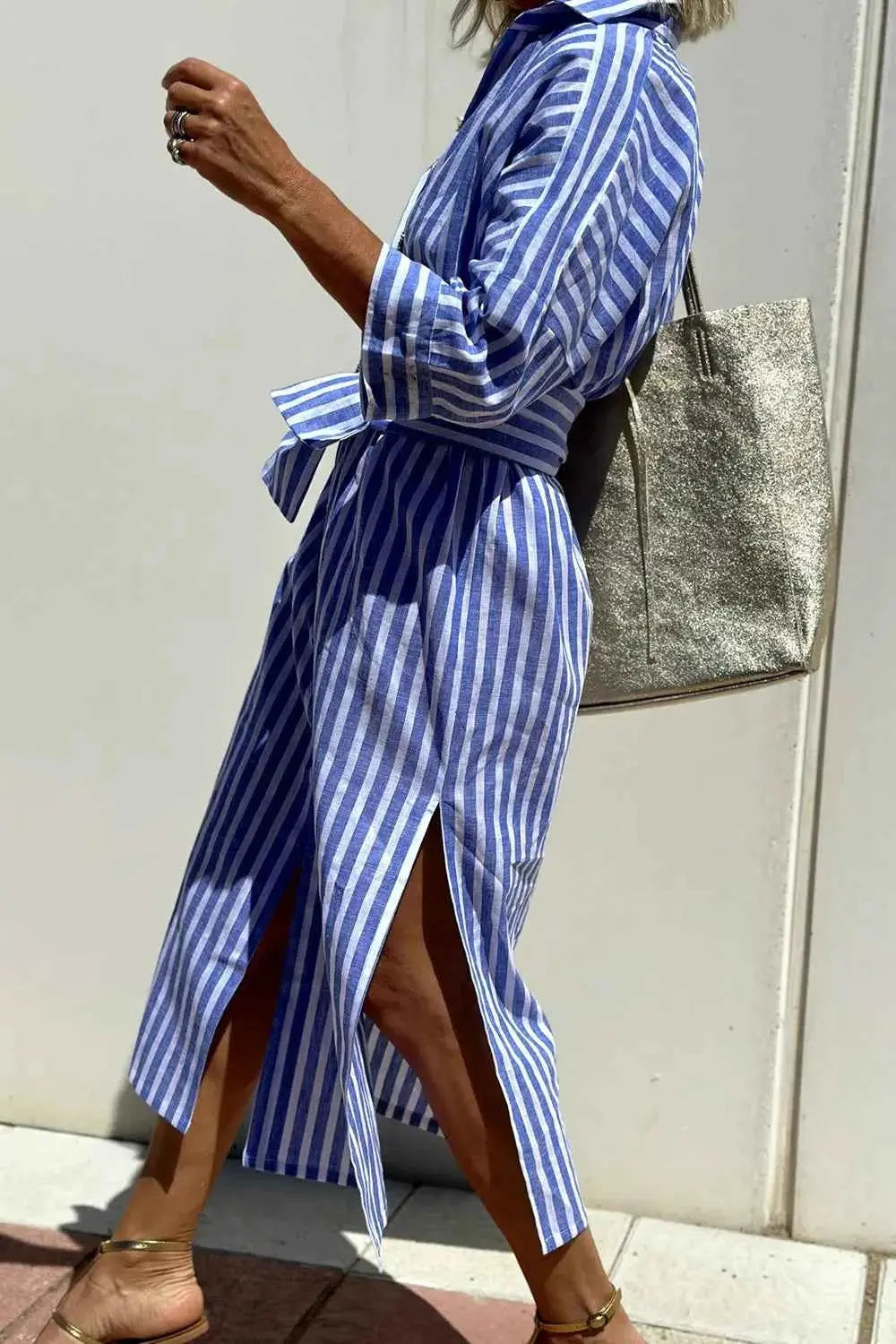 Tied Button Up Three-Quarter Sleeve Dress.