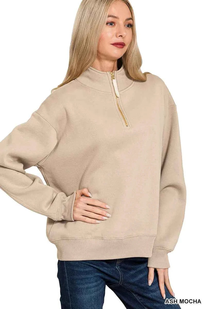 Zenana Fleece Half Zip Sweatshirt