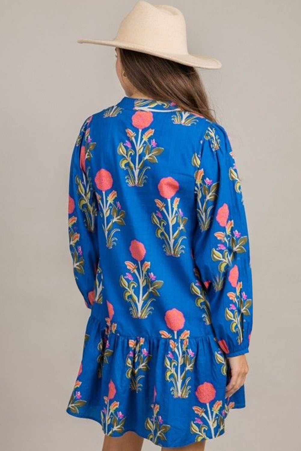 Sky Blue Floral Print Contrast Striped Trim Notched Neck Long Sleeve Dress Dear-Lover Dropshipping