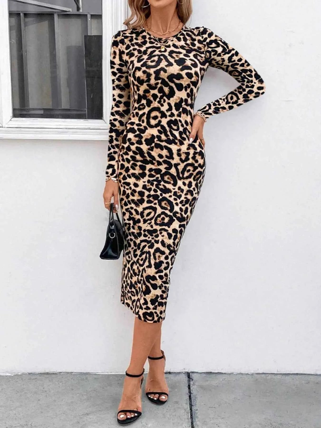 Leopard Print Long Sleeve Bodycon Midi Dress