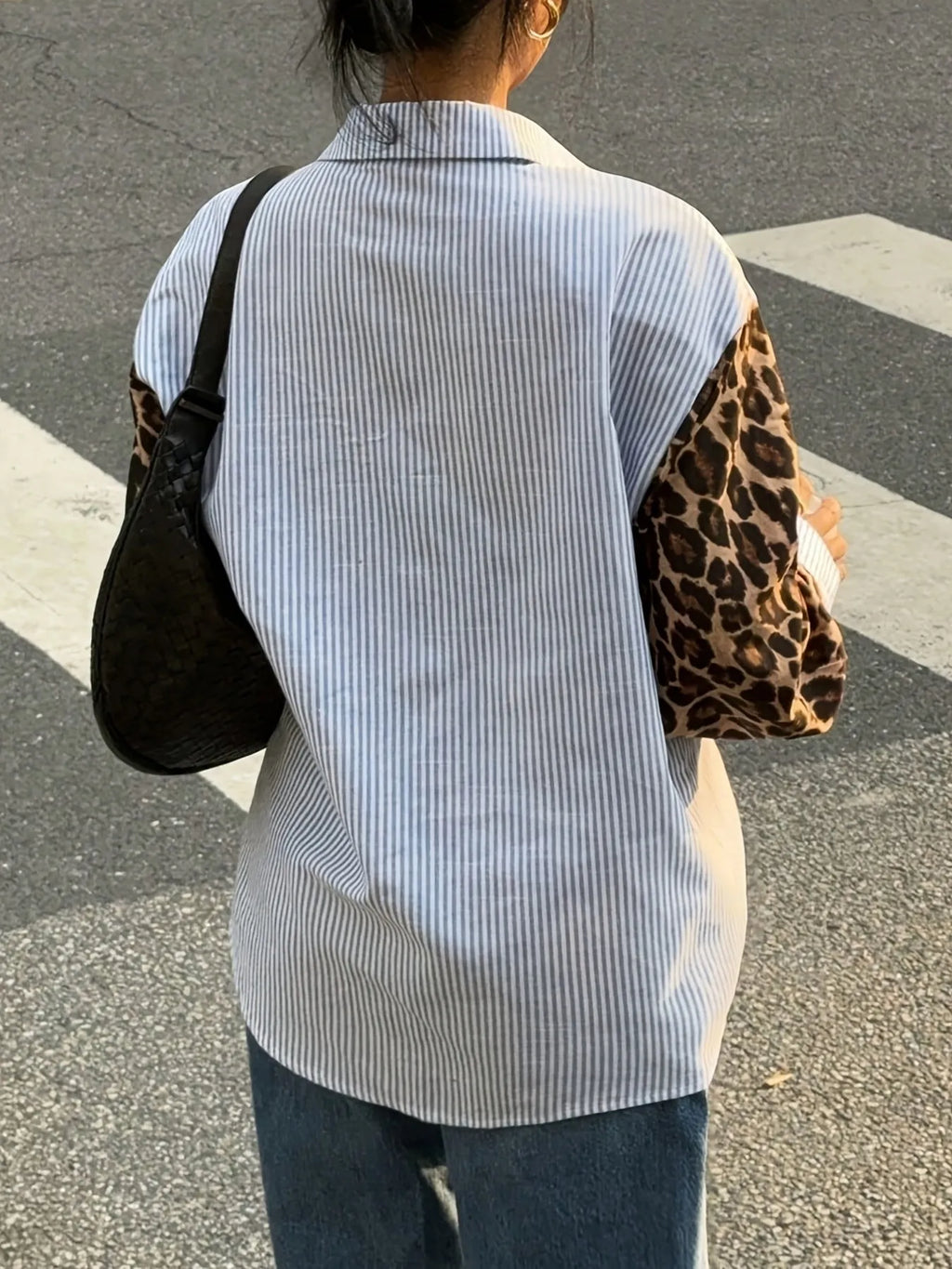 Leopard Print Sleeve Striped Button-Down Shirt.