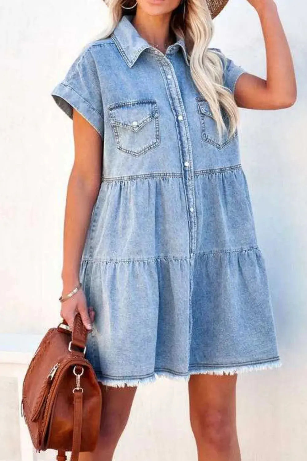 Front Button Down Denim Mini Dress.