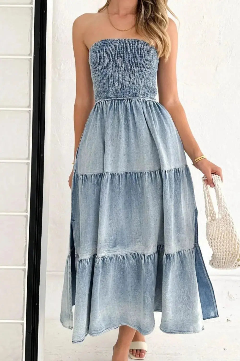 Smocked Tube Slit Tiered Denim Dress.