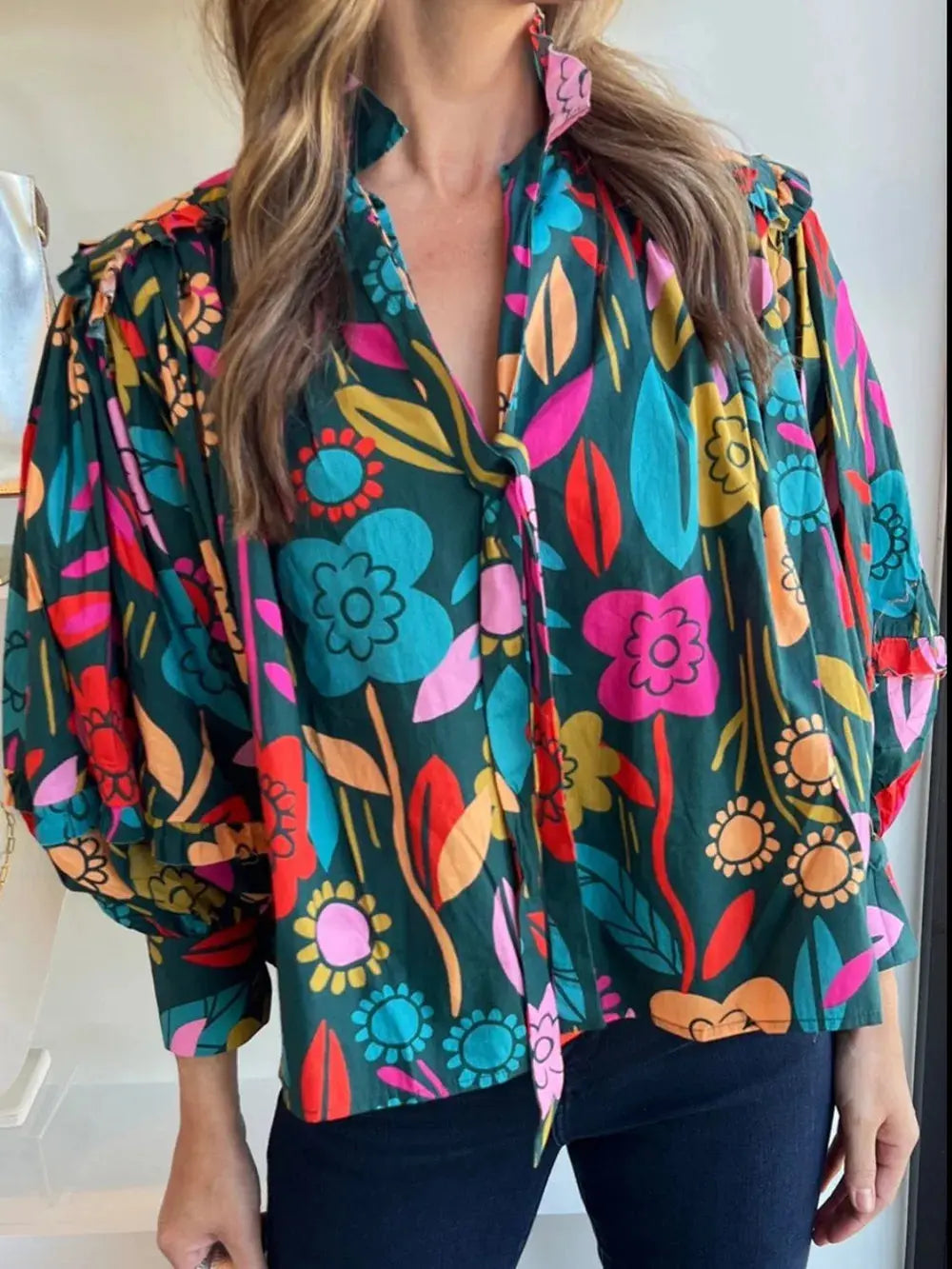 Printed Lantern Sleeve Blouse.