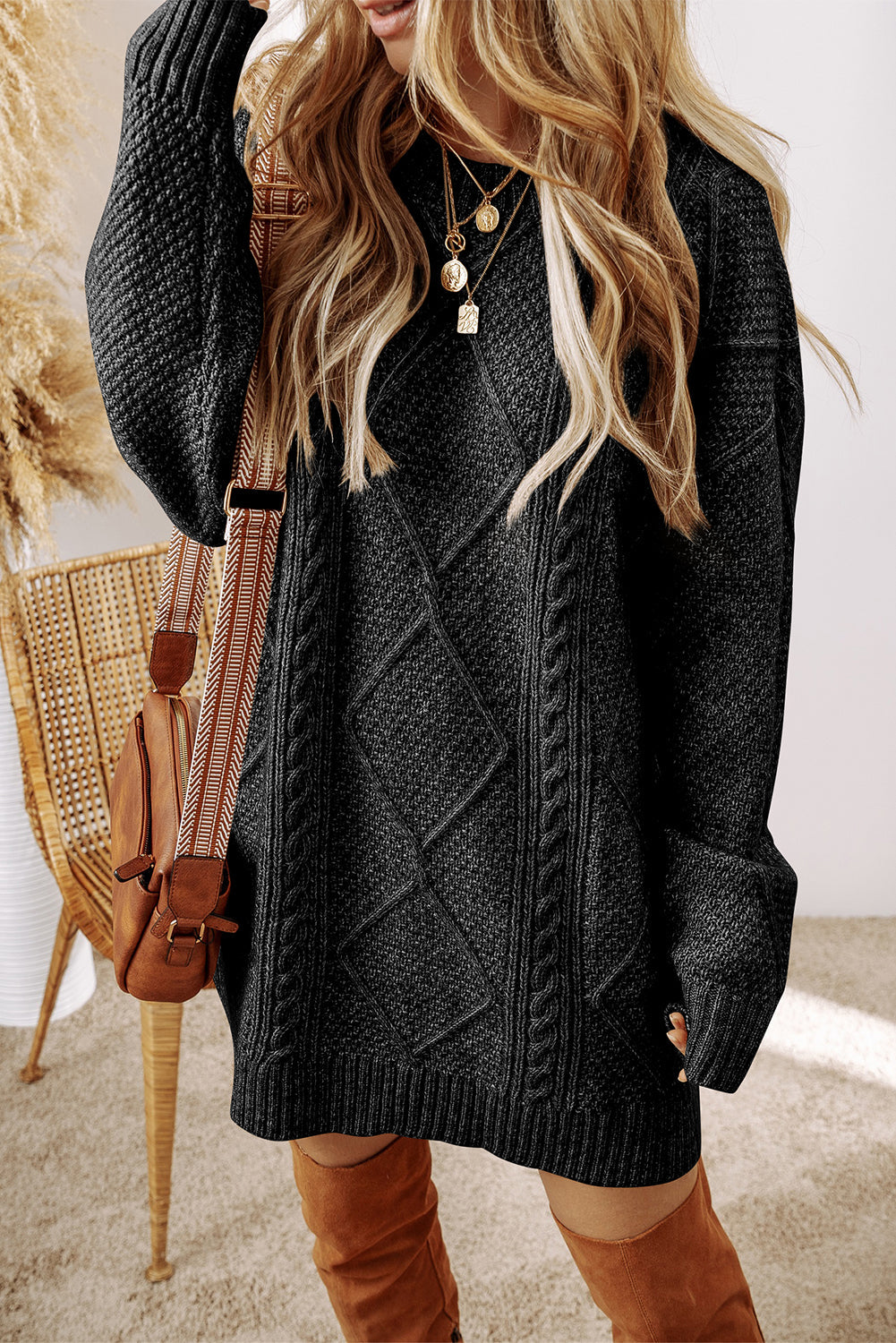 Black Cable Knit Drop Shoulder Loose Fit Sweater Dress Dear-Lover Dropshipping