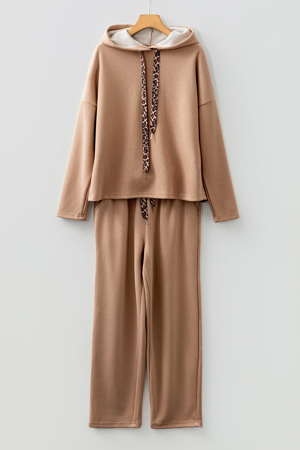 Dark Khaki Leopard Drawstring Pullover Hoodie and High Waist Pants Corduroy Suit Dear-Lover Dropshipping