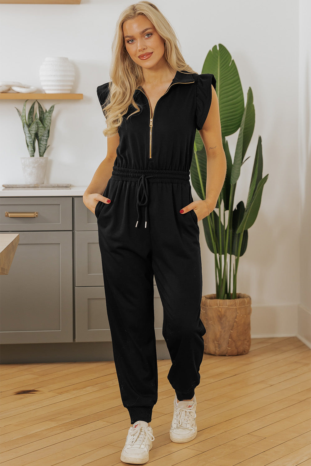 Black Zipper Flutter Sleeve Drawstring Elastic Waistband Jumpsuit Dear-Lover Dropshipping