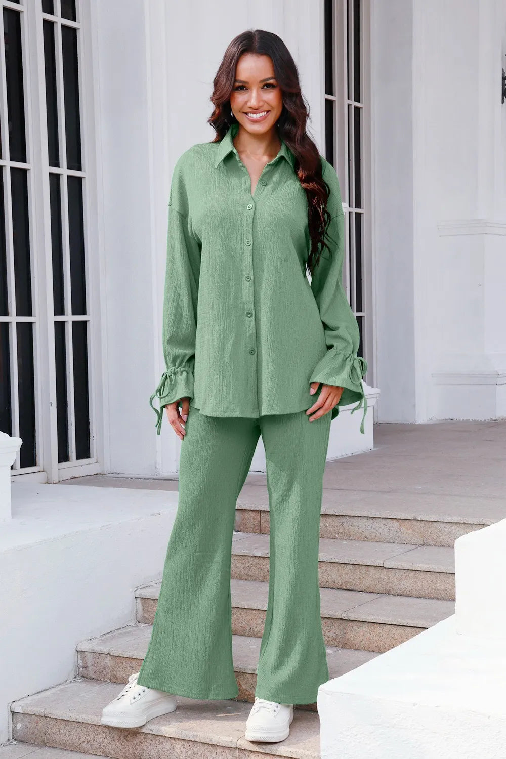 Drawstring Flounce Sleeve Shirt and Pants Set - CHIC TB
