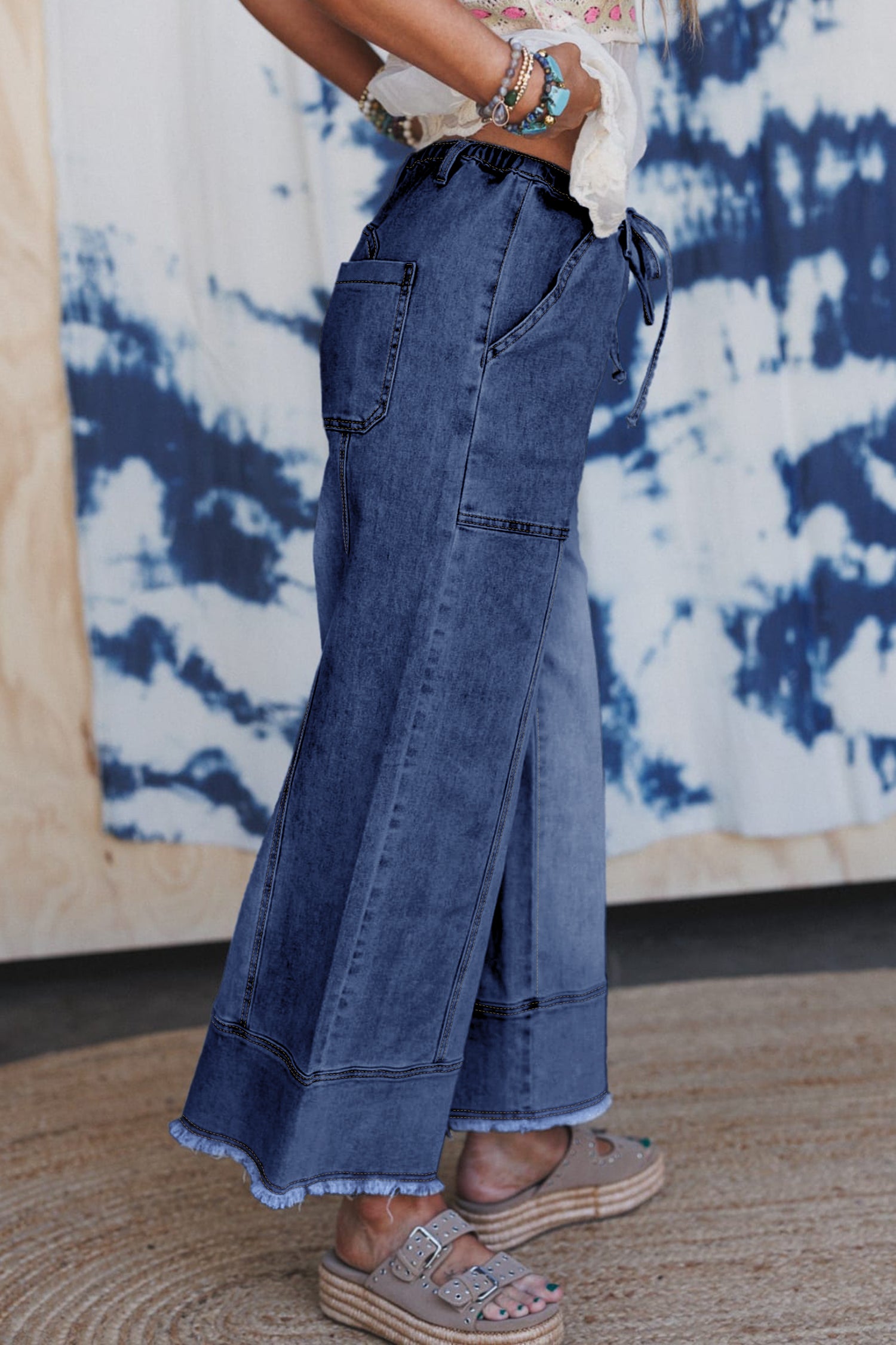 Prussian Blue Drawstring Seam Detail Raw Hem Wide Leg Denim Pants Dear-Lover Dropshipping