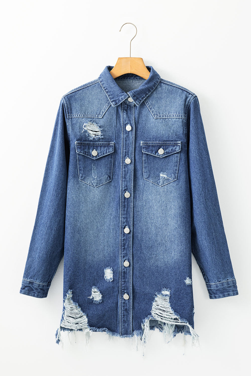 Sky Blue Light Wash Distressed Frayed Long Denim Jacket Dear-Lover Dropshipping
