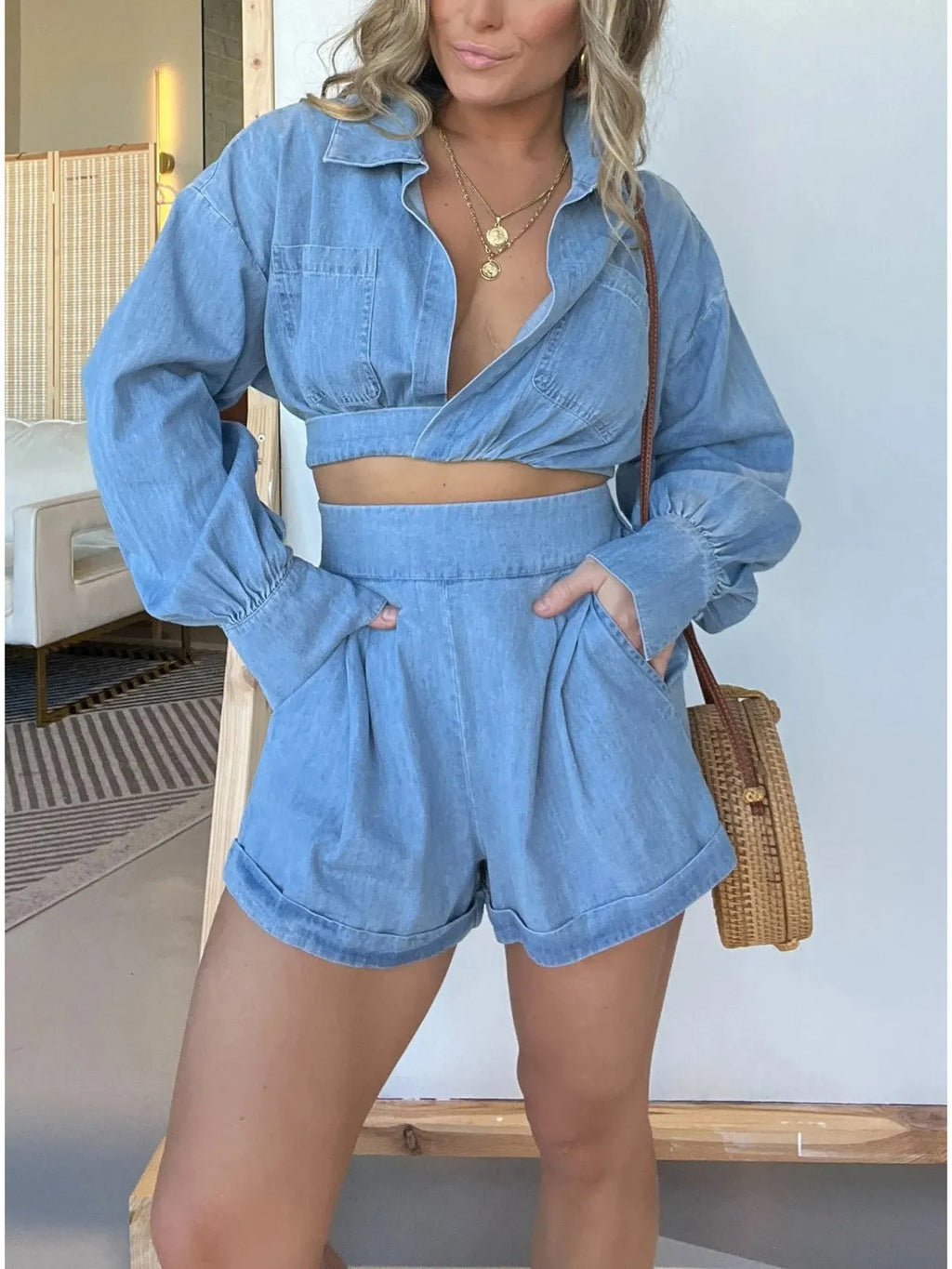 Long Sleeve Top and Shorts Denim Set Plus Size for women.