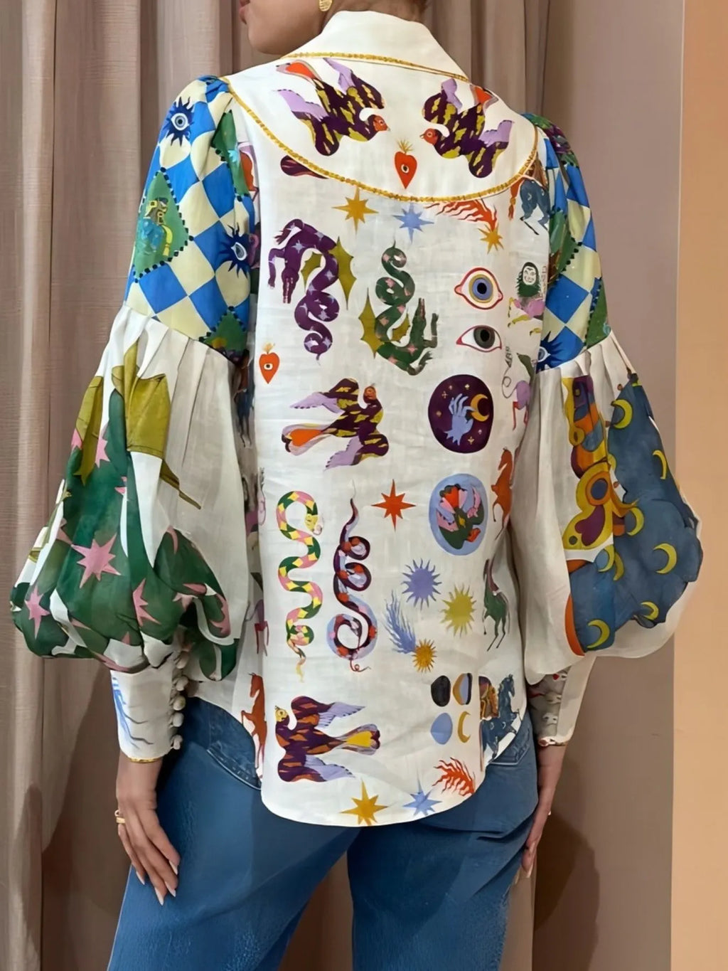 Colorful printed Lantern Sleeve Women Shirt.