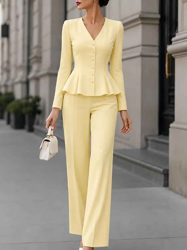 Fitted-waist Top And Straight-leg Slim-fit Trousers Solid-color Professional Suit