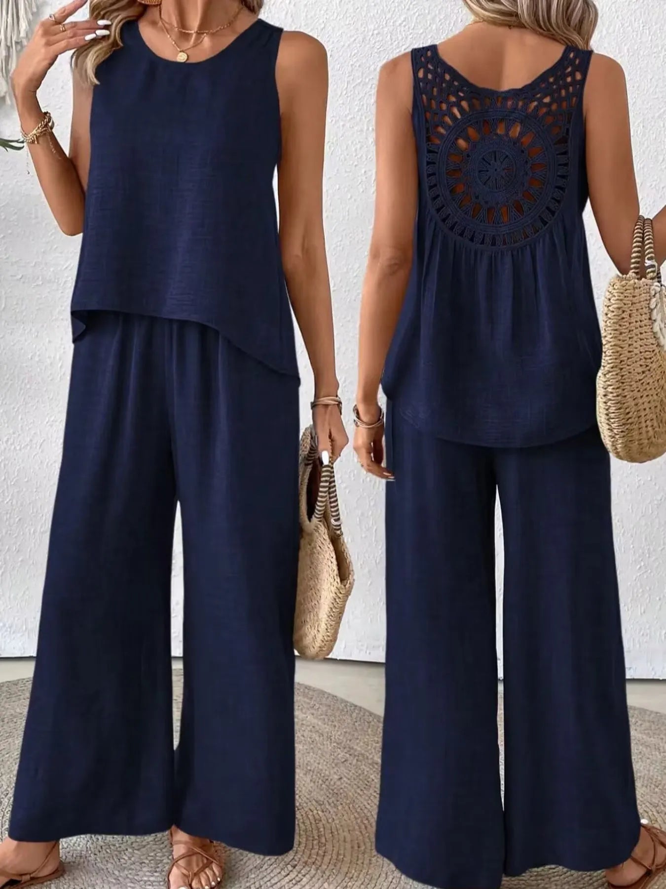 Round Neck Tank and Wide Leg Pants Set - CHIC TB