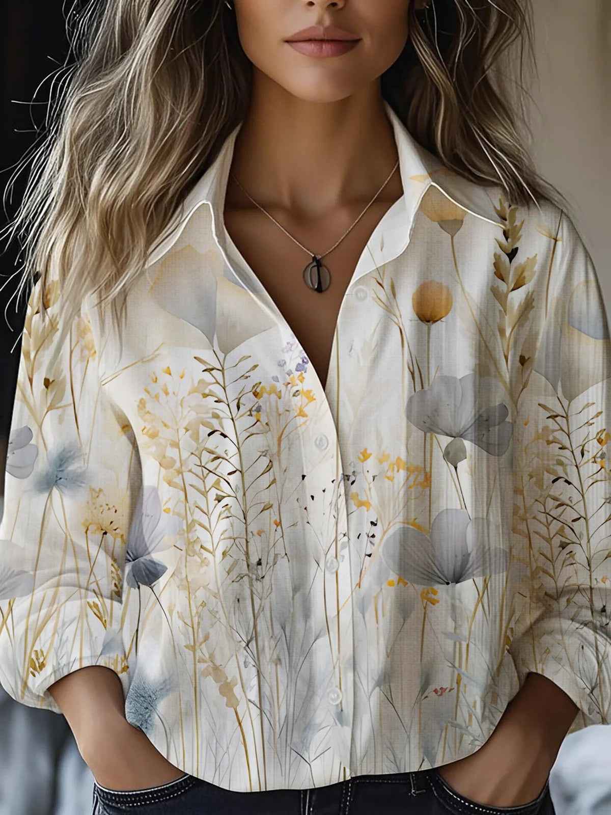 Floral-print Long-sleeve Shirt Delicate Linen Casual Blouse
